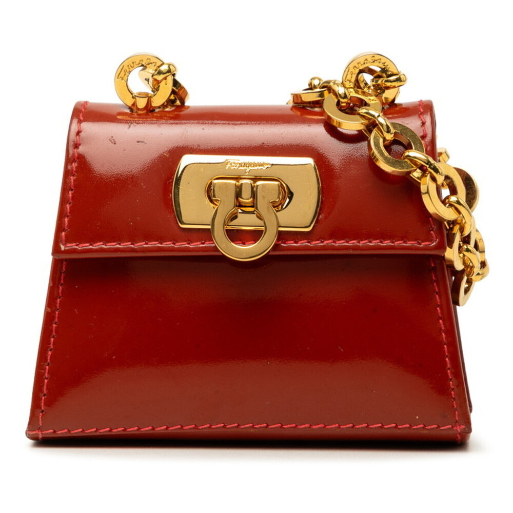 Salvatore Ferragamo Gancini Crossbody Chain Mini Shoulder Bag, Red Patent Lea...